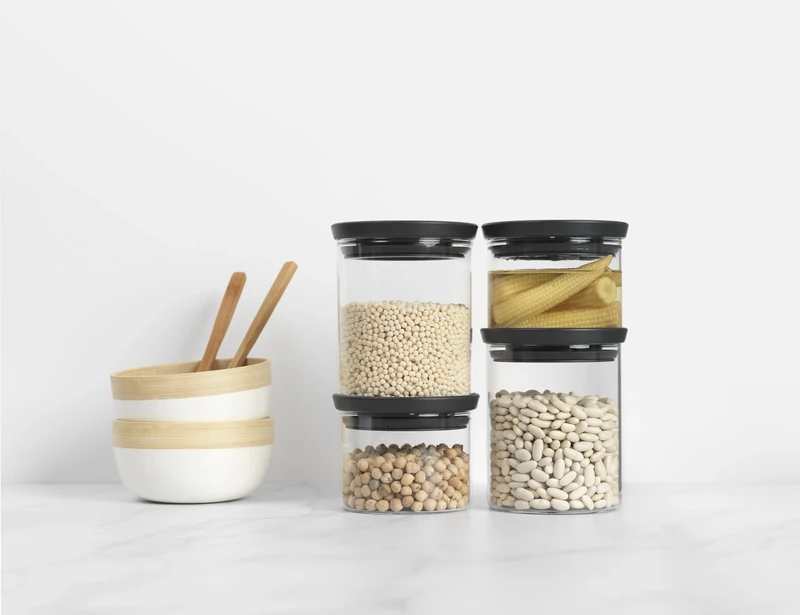 Brabantia Set of 4 Stackable Storage Jars (2 x 0.3L + 2 x 0.6L) Heat Resistant, Microwave Safe, Dishwasher Safe Food Canisters for Kitchen, Dark Grey (217463)