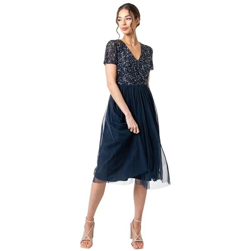 Maya Deluxe Women's Embellished Midi Evening Dress Ladies V Neckline with Short Sleeve for Prom Wedding Bridesmaid, Navy, 14