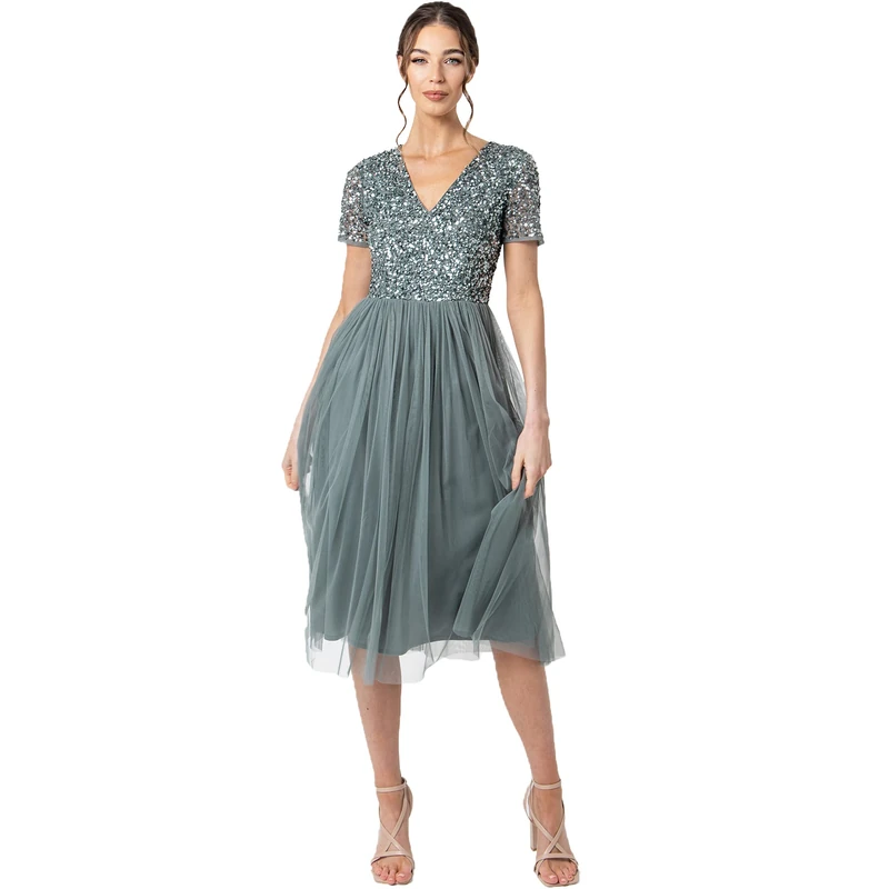 Maya Deluxe Women's Embellished Midi Evening Dress Ladies V Neckline with Short Sleeve for Prom Wedding Bridesmaid, Misty Green, 16