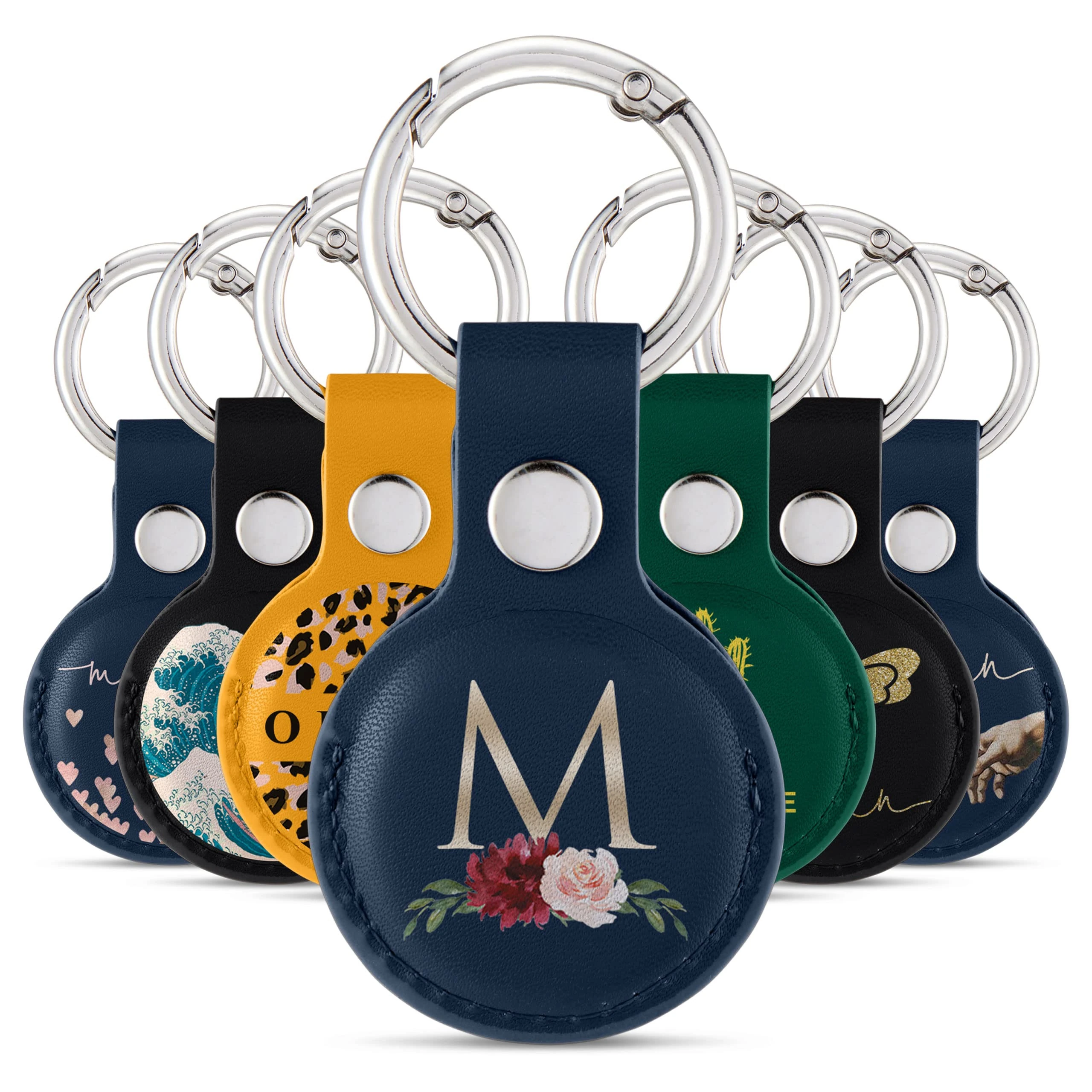 Tirita Personalised Case Keyring Holder Compatible with Apple AirTag - Leather Case with Key Ring for Apple Air Tag [09- Roses Monogram Gold on Blue]