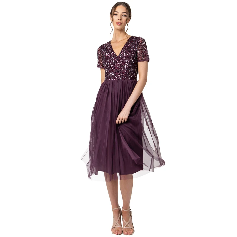 Maya Deluxe Women's Embellished Midi Evening Dress Ladies V Neckline with Short Sleeve for Prom Wedding Bridesmaid, Berry, 20