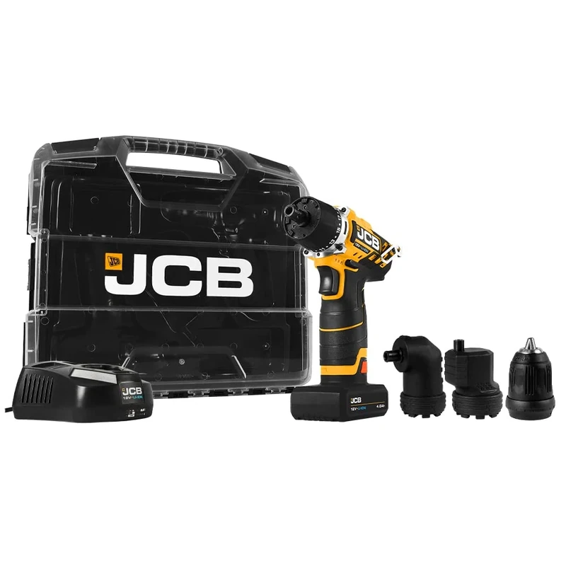 JCB 12V 4 in 1 Cordless Drill Driver, 2.0Ah Battery, Fast Charger, Variable Speed & Built in LED Light, 19+1 Position Torque in Power Tool Case, 3 Year Warranty