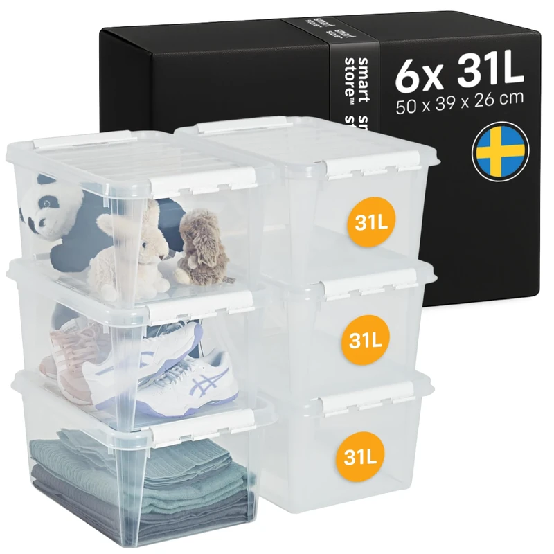 SmartStore - 6x Plastic Storage Box with Lid Classic 31L (50x39x26cm) |Plastic Storage Drawers with Lid|Food-Safe Material|Kitchen & Organisation|Durable Container for Home & Office|10-Year Warranty