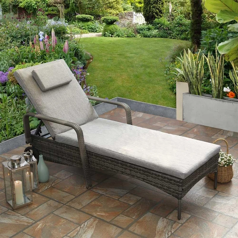 RayGar Rattan Sun Lounger Bed Recliner Chair Adjustable w/Cushion Garden Patio - Grey