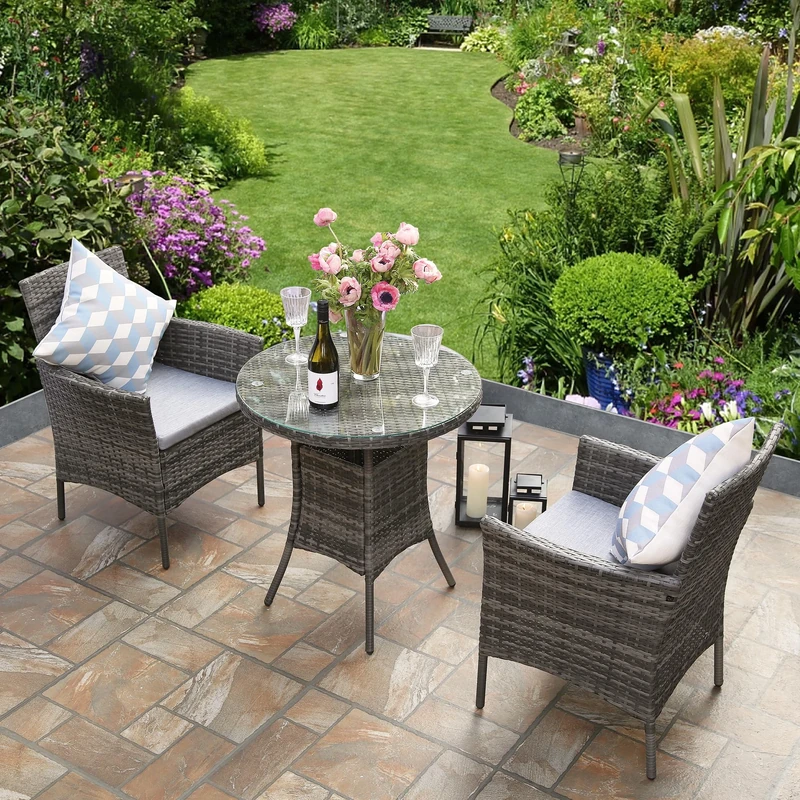 RayGar 3pcs Rattan Garden Furniture Bistro Set Chair Coffee Table Patio Outdoor 2 Seater - Grey