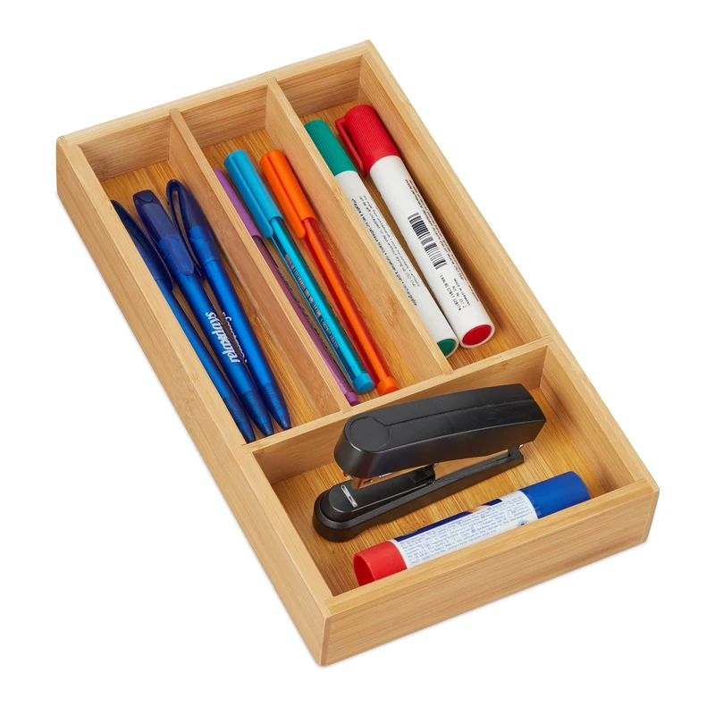 Relaxdays Drawer Organiser, Bamboo, Insert, 4 Compartments, Office, Kitchen Cutlery Store, HxWxD; 4 x 16 x 28cm, Natural