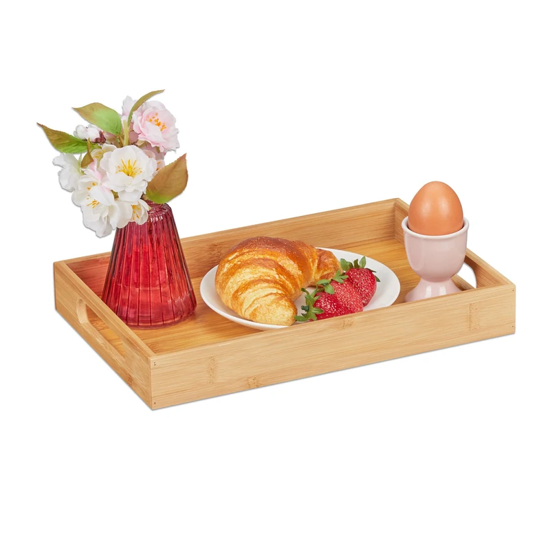 Relaxdays Bamboo Serving Tray with Handles, for Breakfast in Bed, Coffee & Tea, Square HBT: 4 x 30 x 20cm, Natural Brown
