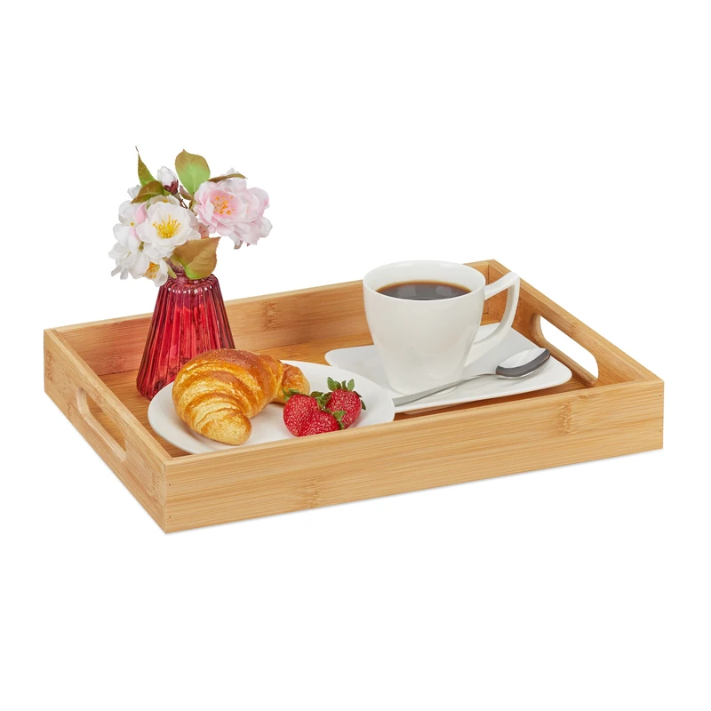 Relaxdays Bamboo Serving Tray for Breakfast in Bed, with Handles, Large, Square, HxWxD: 5,5 x 40 x 30 cm, Natural Brown