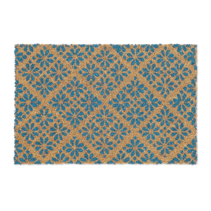 Relaxdays Doormat Coir Floral Pattern, 40 x 60 cm, Door Mat Inside & Outside, Non-Slip Wiper, Rectangular, Blue/Coir