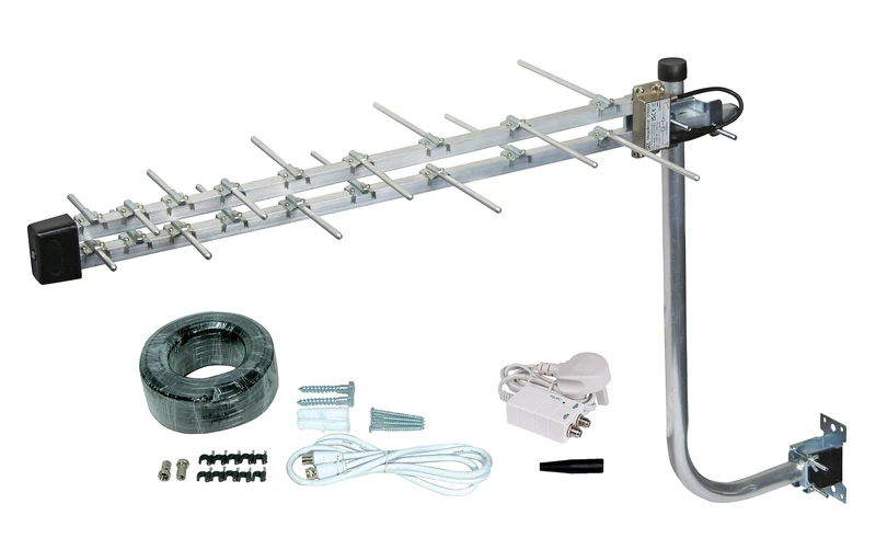 SLx 18 Elements Loft & Outdoor TV Aerial Kit Ultra Compact Amplified MegaBooster Log Periodic Antenna Kit Digital TV 4K HD Compatible