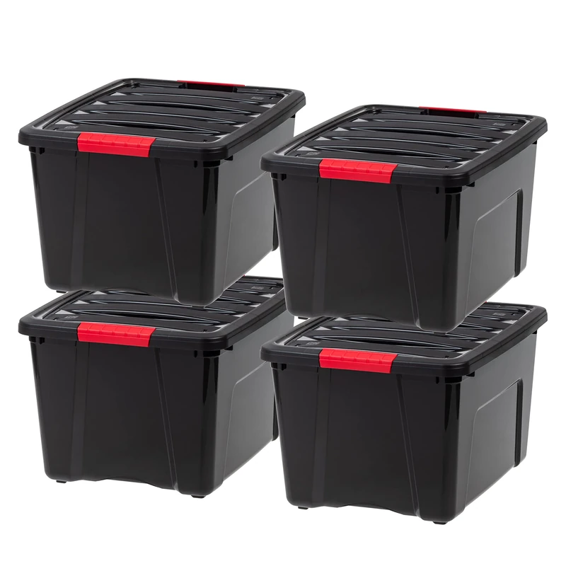IRIS USA 40 Qt. Plastic Storage Bin Tote Organizing Container with Durable Lid and Secure Latching Buckles, Stackable and Nestable, 4 Pack, Black with Red Buckles