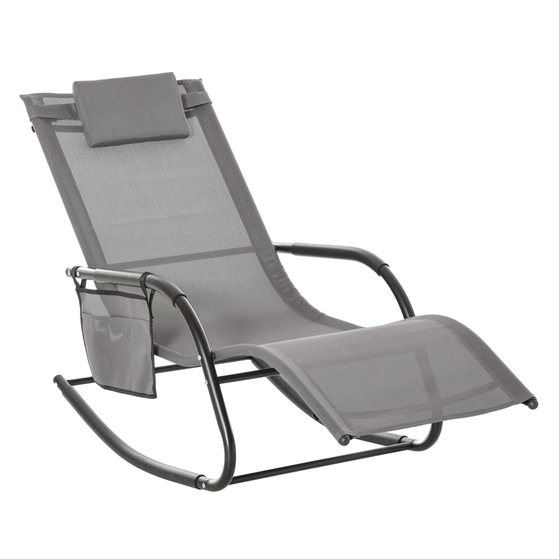 Outsunny Outdoor Garden Rocking Chair, Patio Sun Lounger Rocker Chair with Breathable Mesh Fabric, Removable Headrest Pillow, Armrest, Side Storage Bag, Dark Grey