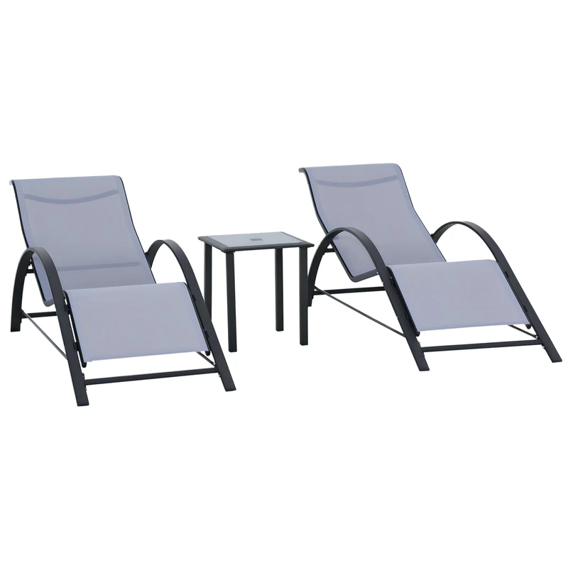 Outsunny 3 Pieces Sun Lounger Chair Set, Metal Frame Outdoor Garden Recliner Chairs with Glass-Top Side Table and Armrests for Patio, Light Grey