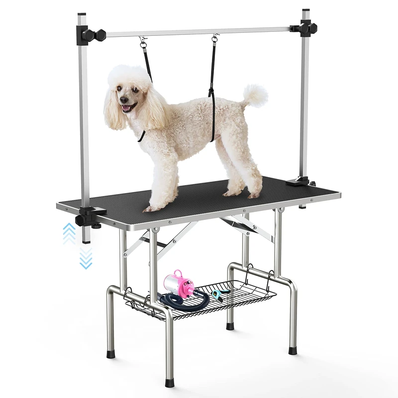 Lyromix Foldable Dog Grooming Table with Arms, Noose, Mesh Tray, Maximum Capacity Up to 330Lb, Stainless Steel, Black, 91.44 cm