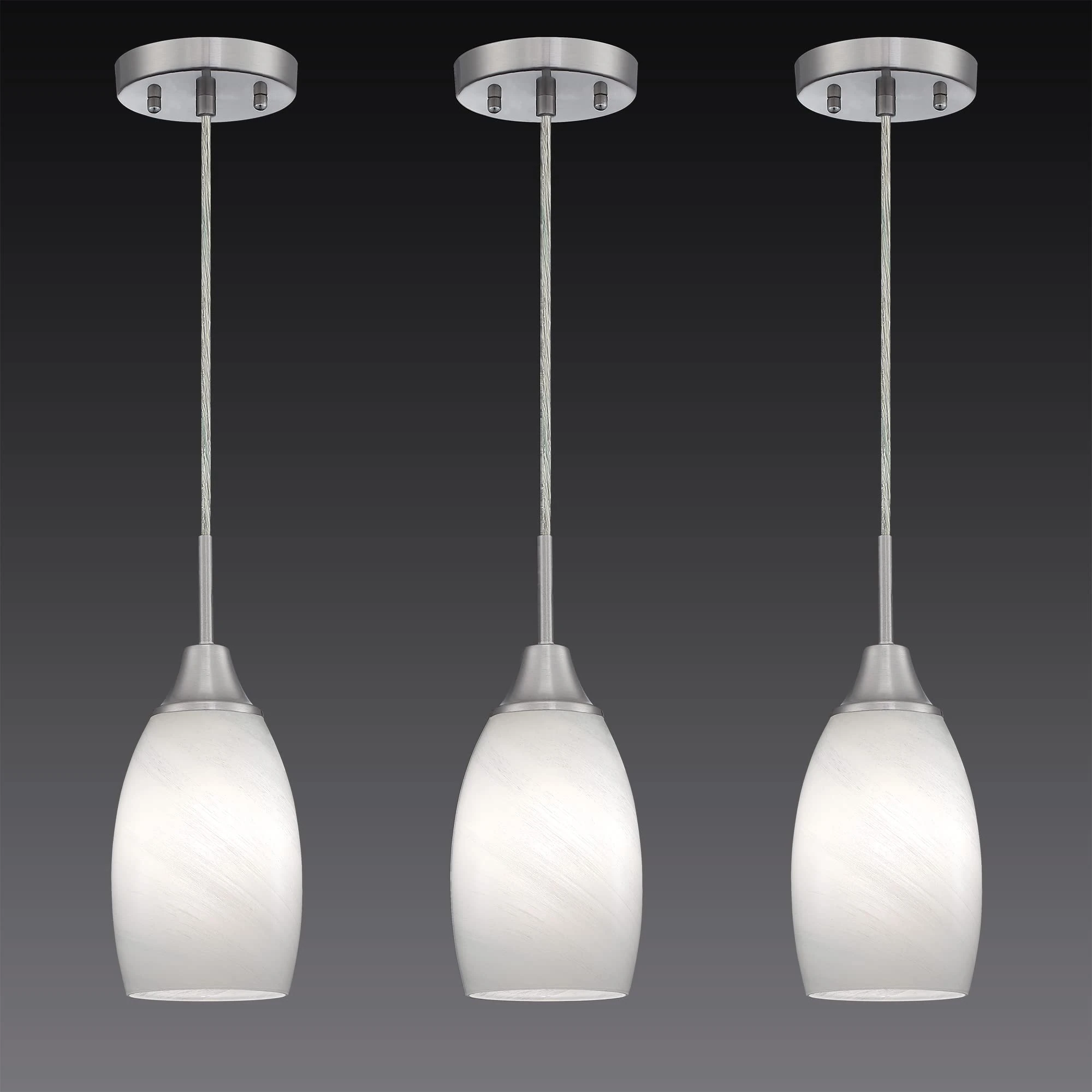 Mini Glass Pendant Light,3-Pack with Handblown White Art Glass Shade Adjustable Cord Brushed Nickel Finish Modern Hanging Pendant Light for Kitchen Island,Dining Room,Living,Foyer, Hallway