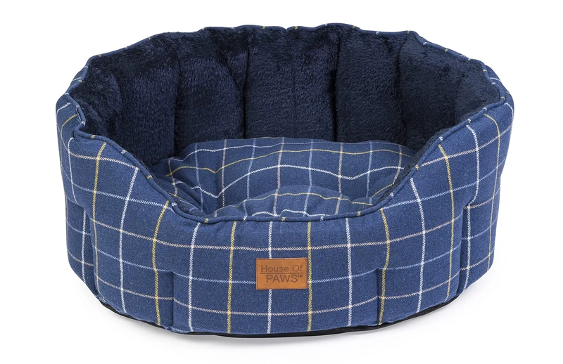 House of Paws Check Navy Tweed Oval Snuggle Medium Dog Bed - Machine Washable - Super Soft Plush