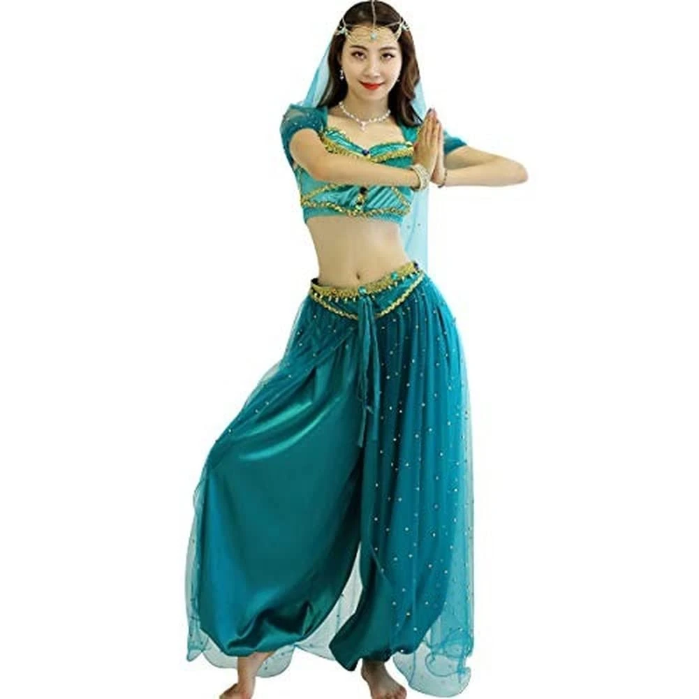 Angel Closet Aladdin Halloween Outfit Princess Costumes Jasmine Costume for Women Belly Dance Costume (Turquoise,2 XL)