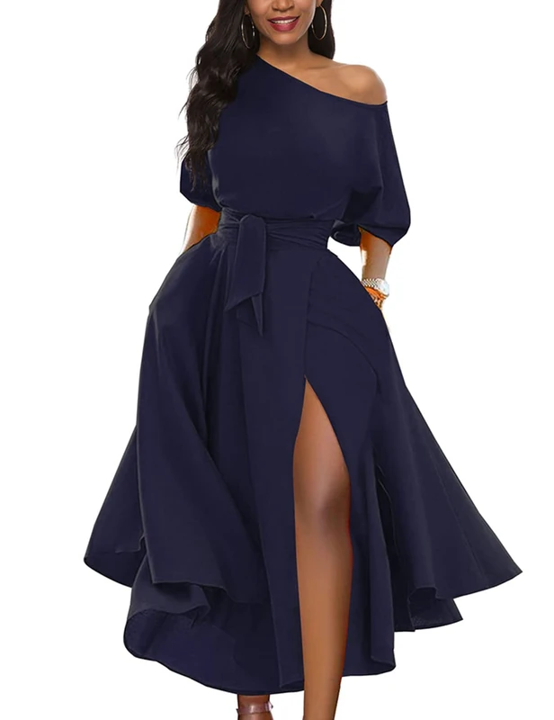 LILYIN Women’s Elegant one Shoulder Short Sleeve Belted Side Slit Cocktail Party Swing Dress with Pockets, Navy, Large - Image 1
