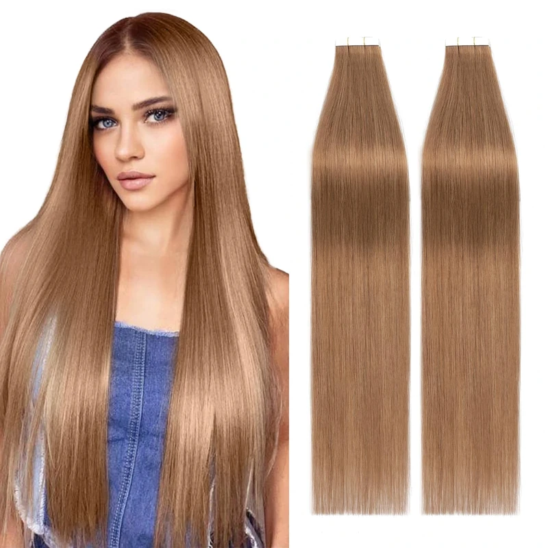 Tape in Hair Extensions 12inch 40Pcs 100% Remy Human Hair #06 Light Brown Full Head Skin Weft Seamless Straight