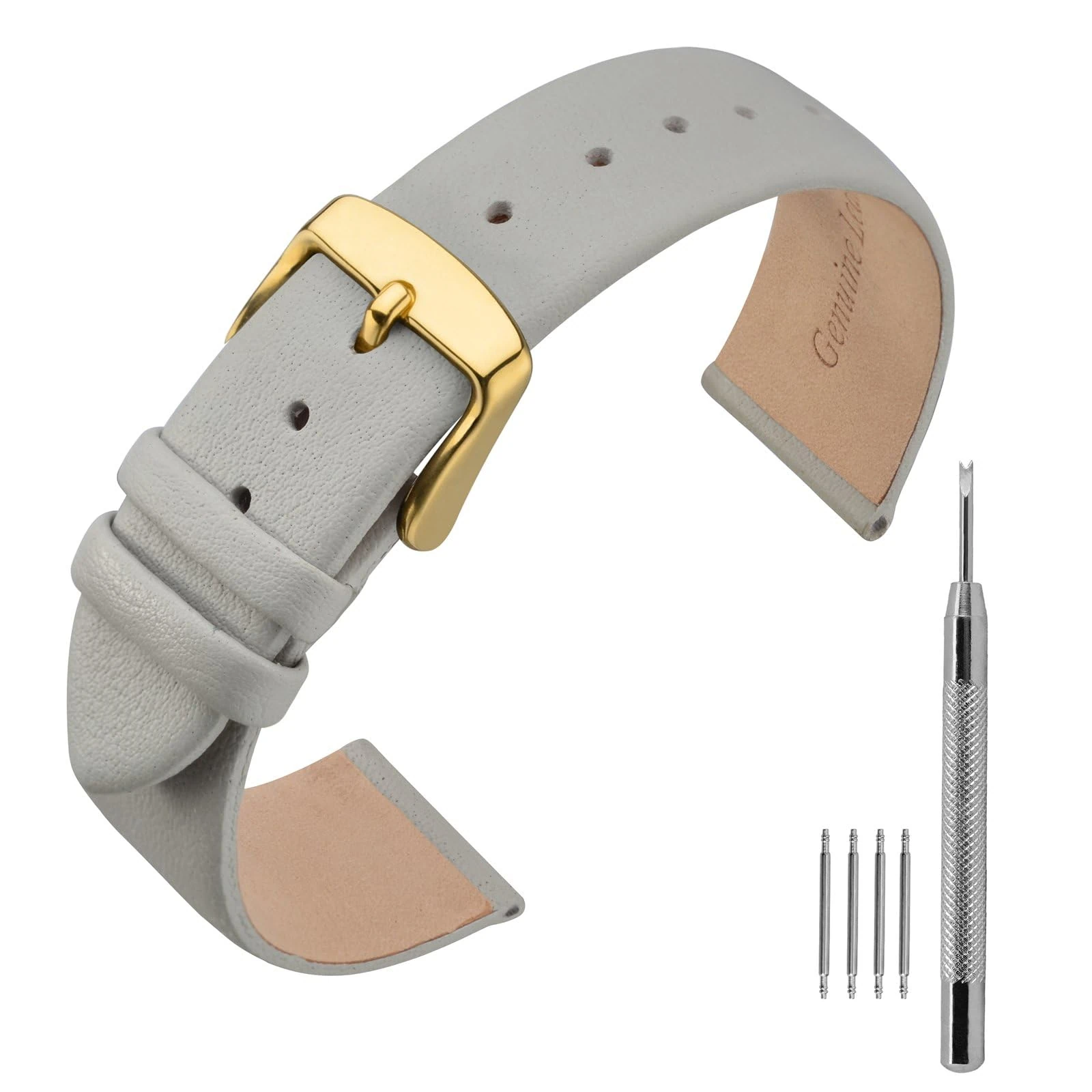 ANNEFIT Calfskin Leather Watch Straps 16mm, Classical Thin Leather Watch Band with Gold Buckle (Grey)