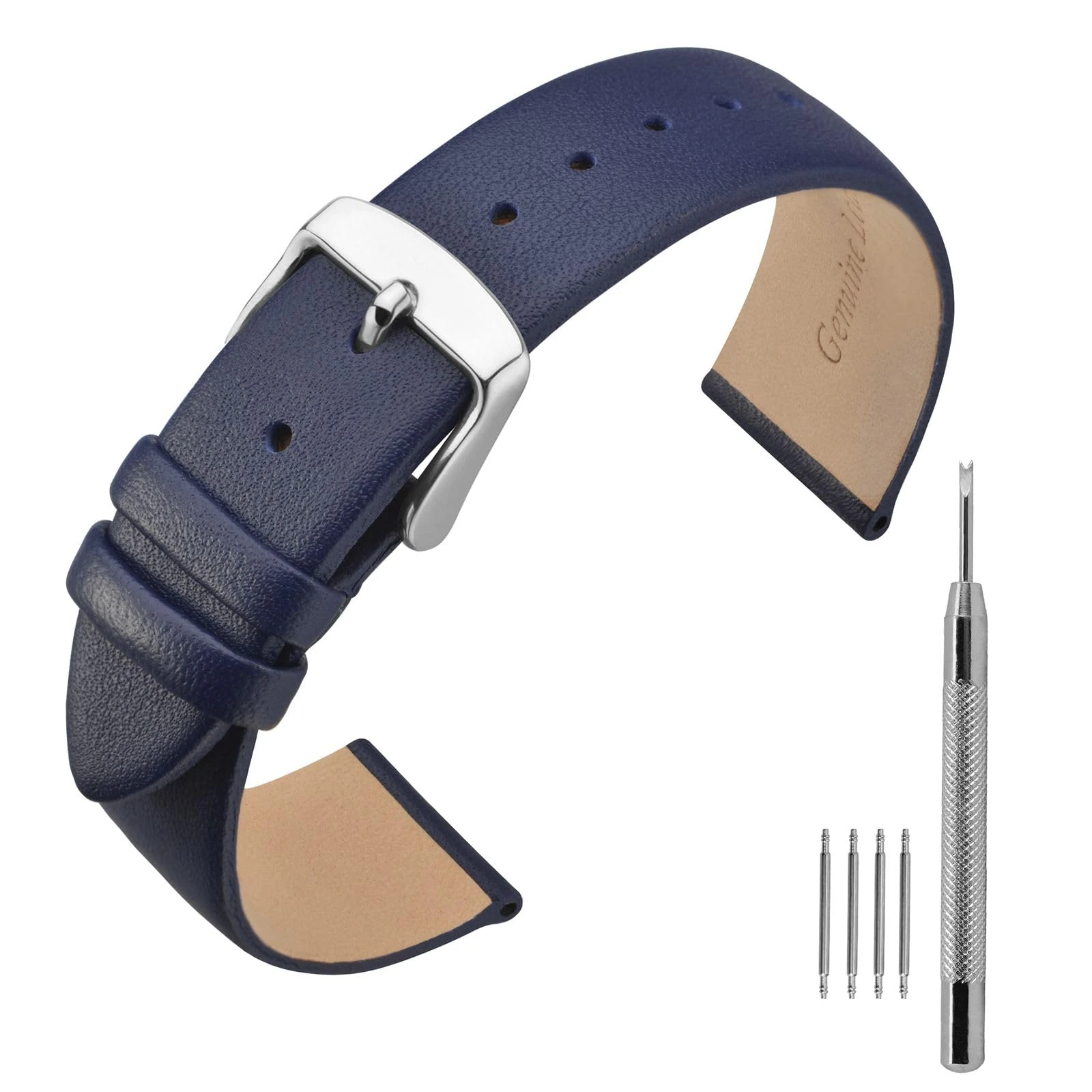 ANNEFIT Calfskin Leather Watch Straps 16mm, Classical Thin Leather Watch Band with Stainless Steel Buckle (Dark Blue)