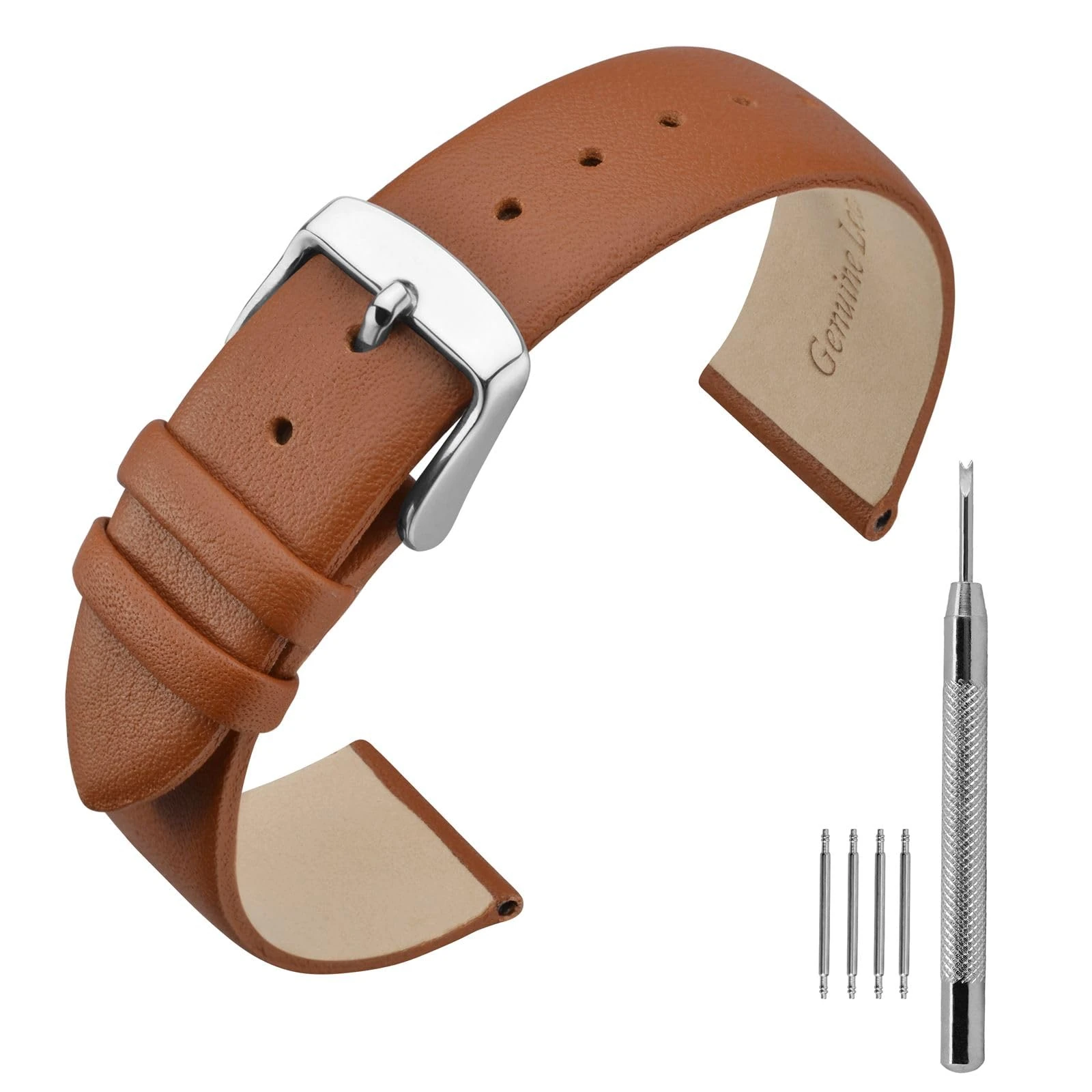 ANNEFIT Calfskin Leather Watch Straps 22mm, Classical Thin Leather Watch Band with Stainless Steel Buckle (Brown)