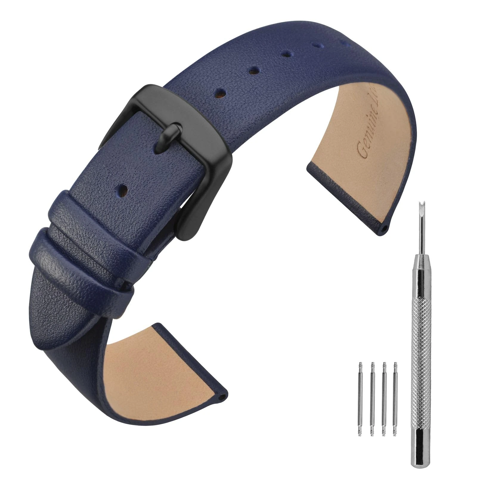 ANNEFIT Calfskin Leather Watch Straps 20mm, Classical Thin Leather Watch Band with Black Buckle (Dark Blue)