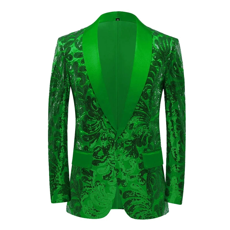 PYJTRL Men Stylish Satin Face Sequins Floral Pattern Suit Jacket Blazer (Green, 56)