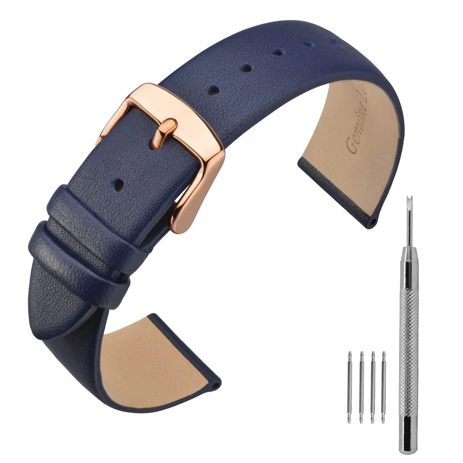 ANNEFIT Calfskin Leather Watch Straps 16mm, Classical Thin Leather Watch Band with Rose Gold Buckle (Dark Blue)