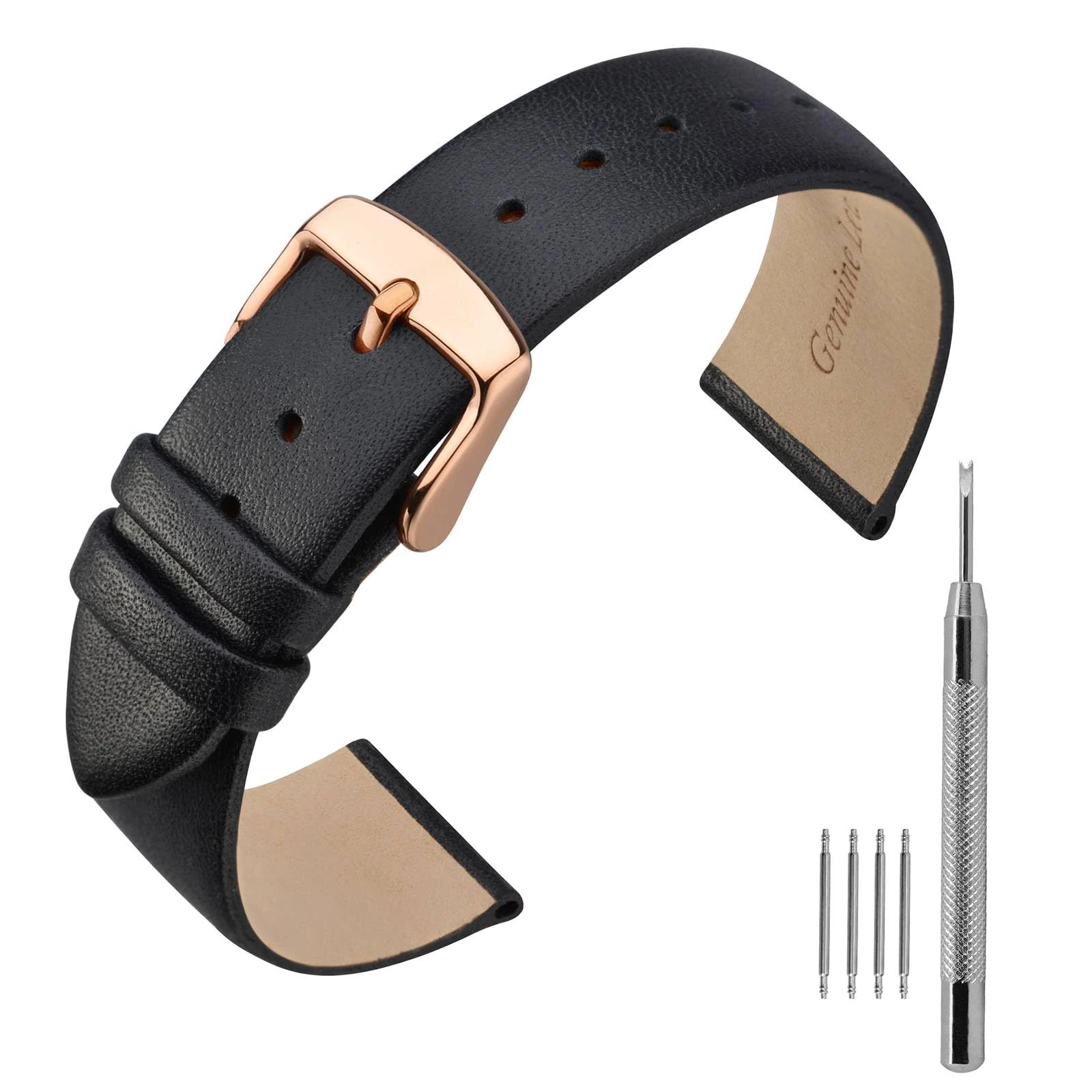 ANNEFIT Calfskin Leather Watch Straps 18mm, Classical Thin Leather Watch Band with Rose Gold Buckle (Black)