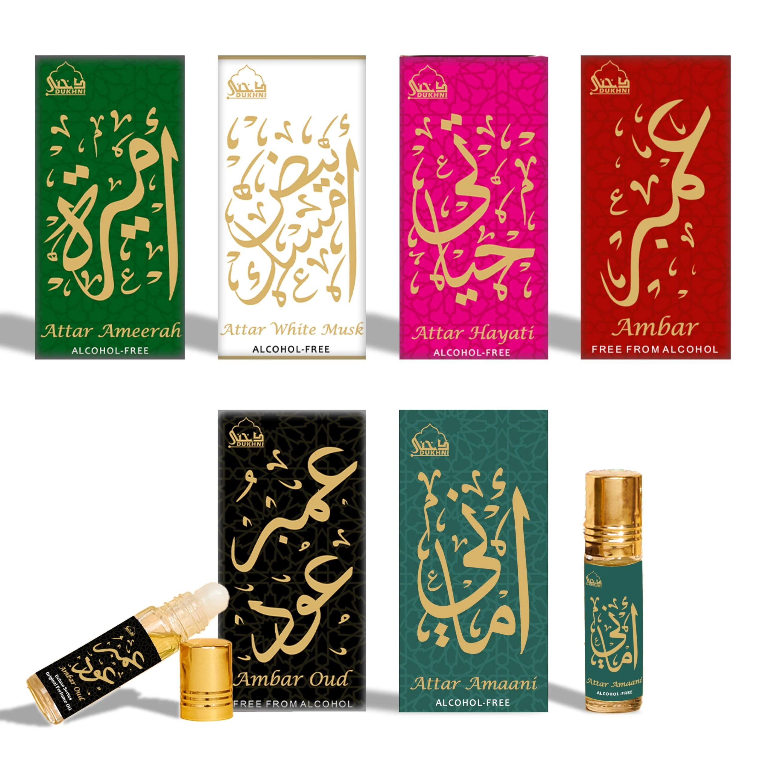 Dukhni Luxury Attar Oil Set | Arabian unisex perfume oils | 6 assorted scents x 6ml | Mini roll ons, arabic oud fragrance oil | Alcohol free, Vegan, Collection Set for Gifting