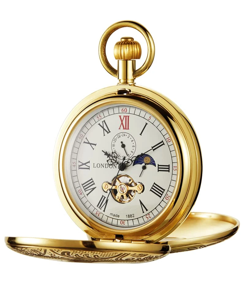 Tiong Men's Mechanical Pocket Watch with Chain Tourbillon Moon Phase Antique Steampunk Double Hunter Pocket Watches with Box