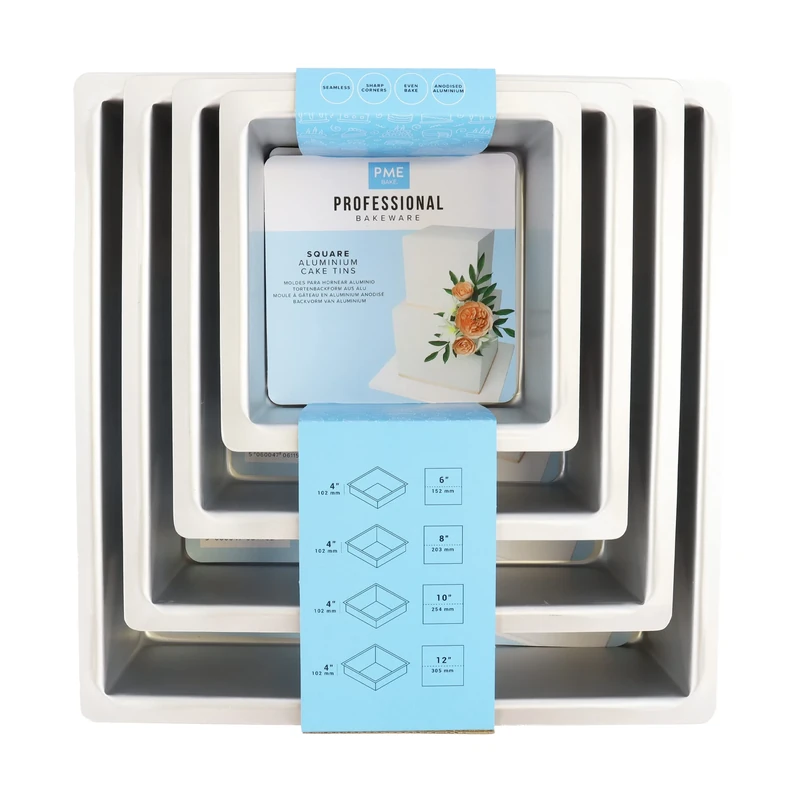 PME Square Cake Pans 6, 8, 10, 12-Inch x 4-Inch Deep, Set of 4, Silver (SQRB6810124)