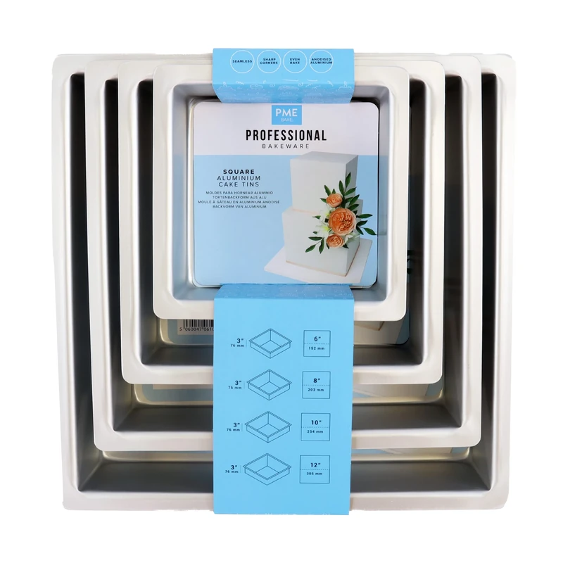 PME Square Cake Pans 6, 8, 10, 12-Inch x 3-Inch Deep, Set of 4, Silver,SQRB6810123