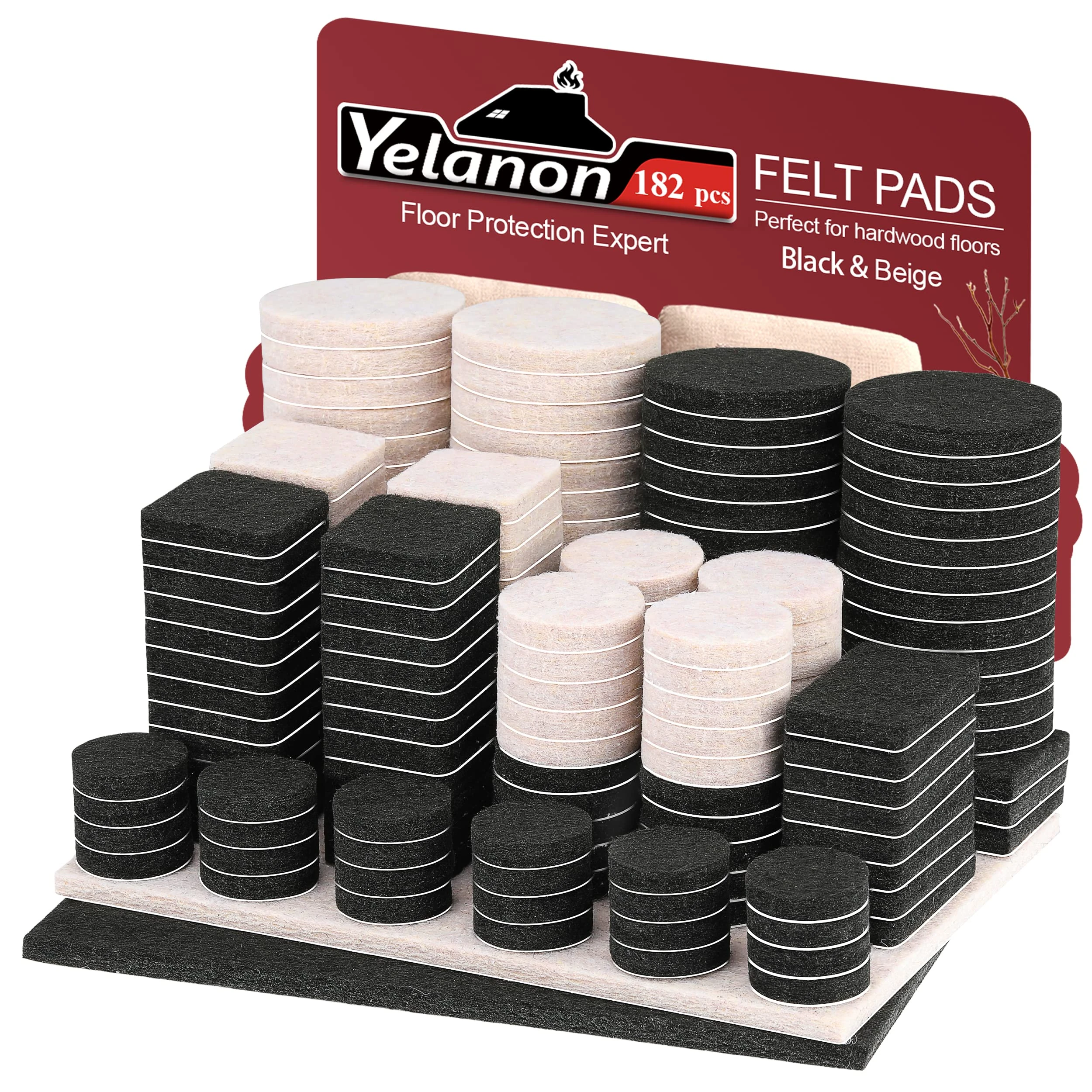 Yelanon Felt Furniture Pads -182 Pcs Furniture Pads Self Adhesive, Felt Chair Pads, Anti Scratch Floor Protectors for Furniture Feet Chair Legs, Furniture Felt Pads for Hardwoods Floors, Black&Beige
