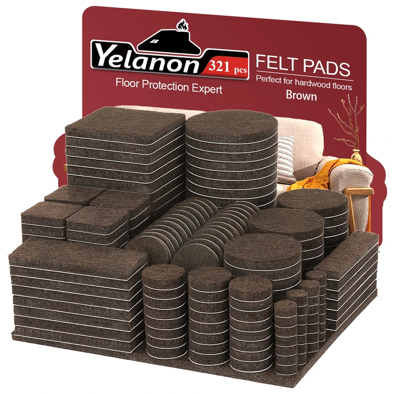 Yelanon Felt Furniture Pads - 321 Pcs Anti Scratch Floor Protectors for Hardwoods, Self Adhesive(Brown)