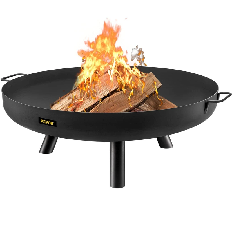 VEVOR Fire Pit Bowl, 30-Inch Deep Round Carbon Steel Fire Bowl, Wood Burning for Outdoor Patios, Backyards & Camping Uses, with A Drain Hole, Portable Handles and A Firewood Stick, Black