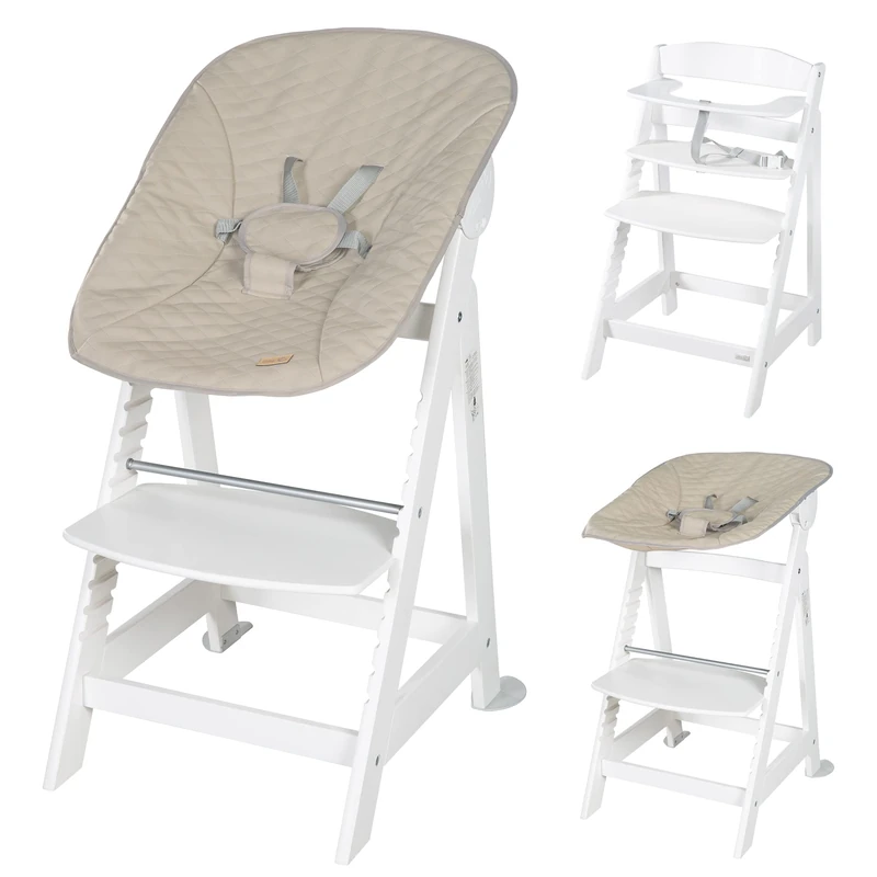 roba Born Up Children's High Chair Set 2in1 + Newborn Attachment Greyish Quilted - High Chair with Reclining Function - from Birth - White Wood