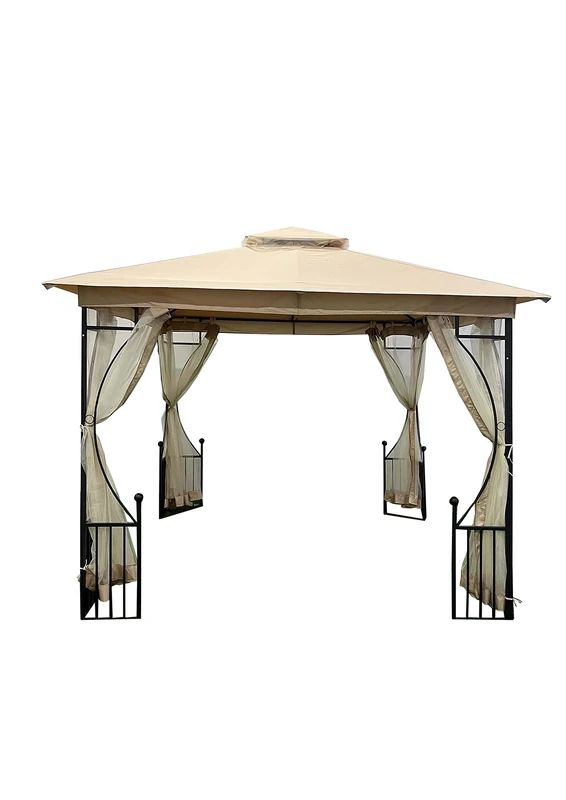 GardenKraft 10799 3m x 3m Outdoor Patio Gazebo/Strong Rust-Resistant Metal Frame/Water-Resistant Polyester Canopy/Sides Included/Mosquito Net Roof Lining/Beige Colour