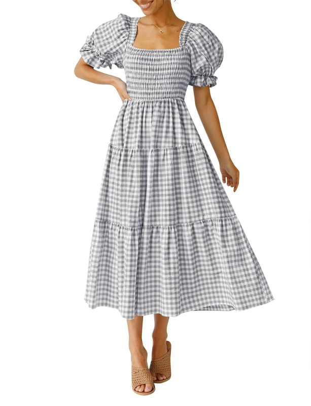 ZESICA Women's 2025 Bohemian Summer Plaid Square Neck Puff Sleeve Ruffle Flowy Beach Midi Dress, Grey, S