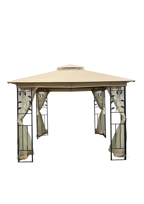 GardenKraft 10809 3m x 3m Double Top Patio Gazebo/Strong Rust-Resistant Metal Frame with Leaf Pattern/Water-Resistant Polyester Canopy/Sides Included/Mosquito Net Roof Lining/Beige Colour