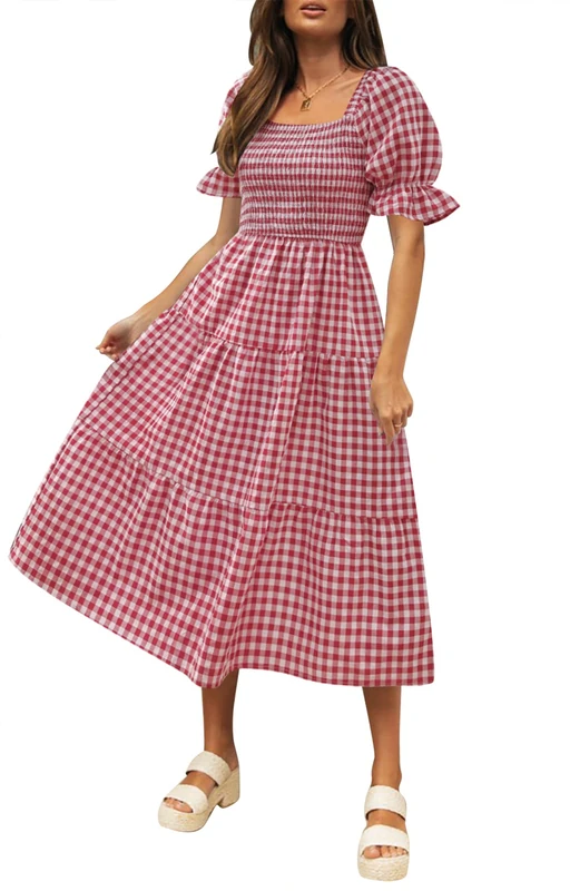 ZESICA Women's 2024 Bohemian Summer Plaid Square Neck Puff Sleeve Ruffle Flowy Beach Midi Dress, Red, S