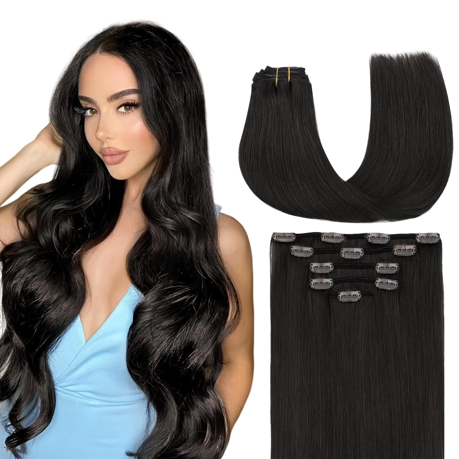 MAXITA Human Hair Clip in Extensions, 55 cm Natural Black Hair Extensions 5pcs 85g, Real Hair Clip in Extensions Long Straight Clip in Extensions Remy Extensions Clip in