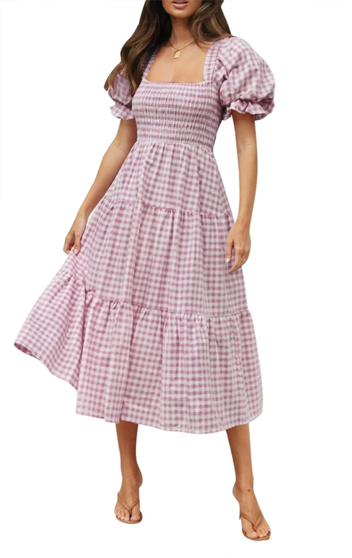 ZESICA Women's 2024 Bohemian Summer Plaid Square Neck Puff Sleeve Ruffle Flowy Beach Midi Dress, Taro, XL