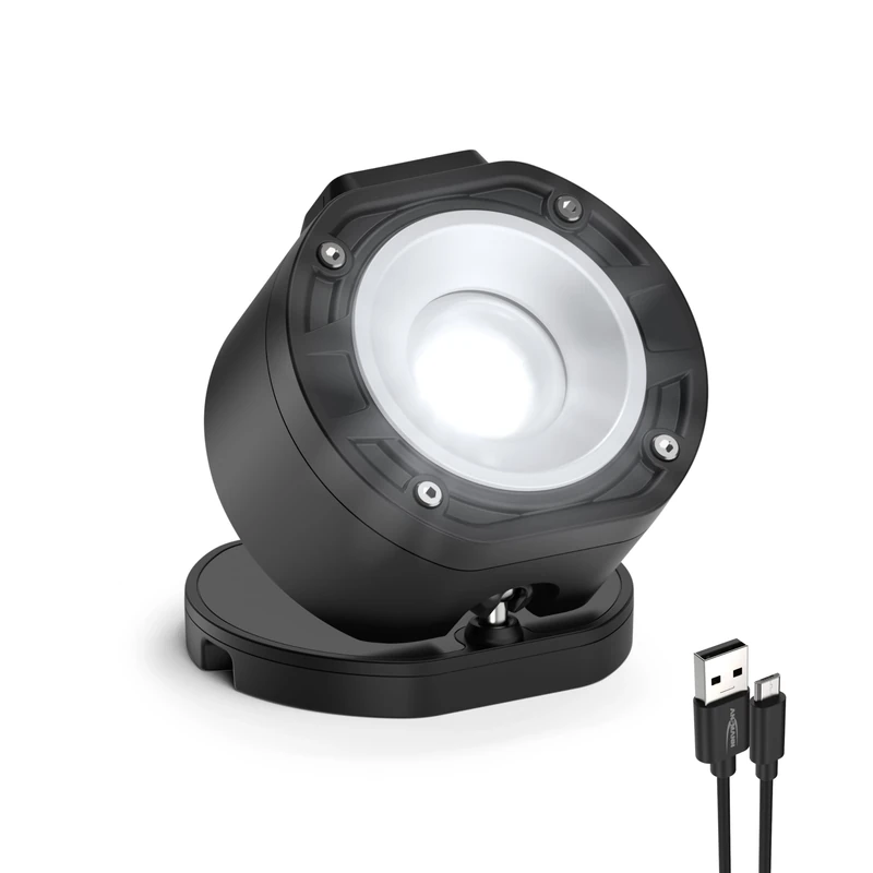 ANSMANN Professional Work Spotlight FL1100R with 10W COB LED, Rechargeable, 360° Rotating Ball Joint/Work Light with Magnets and Hanging Hooks for Crafts, Construction Sites, Workshops, etc. Black