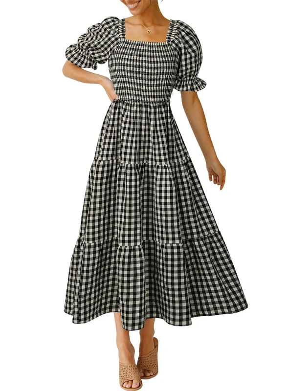 ZESICA Women's 2024 Bohemian Summer Plaid Square Neck Puff Sleeve Ruffle Flowy Beach Midi Dress, Black, M