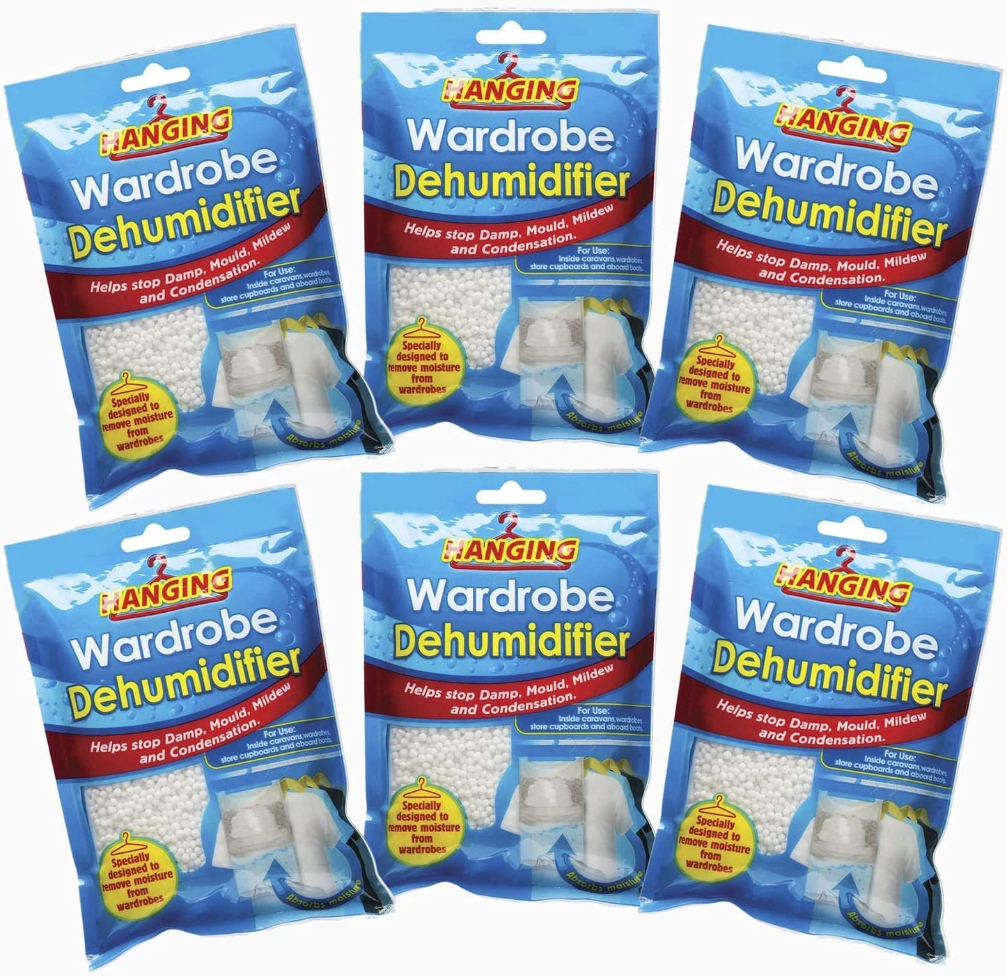 6x Hanging Wardrobe Dehumidifier, Condensation Remover, Moisture Absorber, Dehumidifiers for Home Damp, Mould, Moisture in Wardrobe, Bedroom, Caravan, Bathroom, Basement White