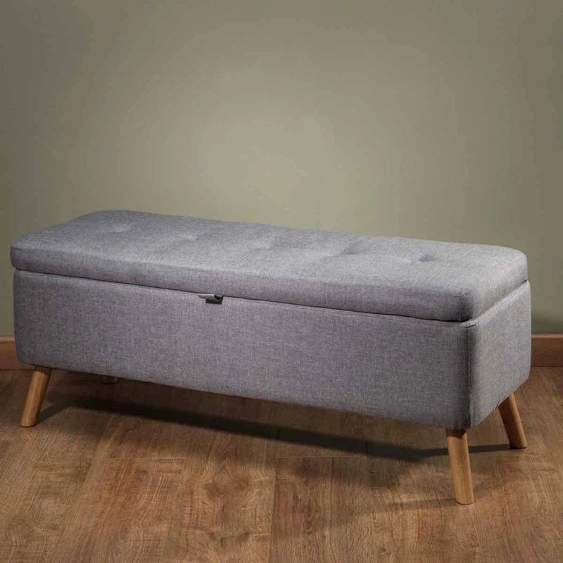 FWStyle W 109 x D 39x H 45cm Harper Grey Linen Ottoman Storage Seat for Bedroom, Living Room. Ready Assembled. Comes with Beech and Walnut Legs.