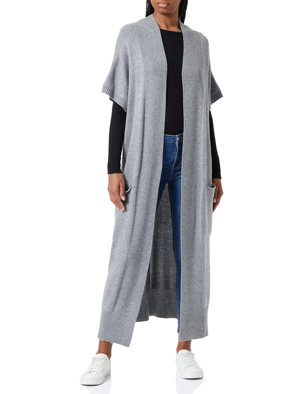 True Religion Women's Long Collarless Vest Cardigan Sweater, Grey Melange, XS