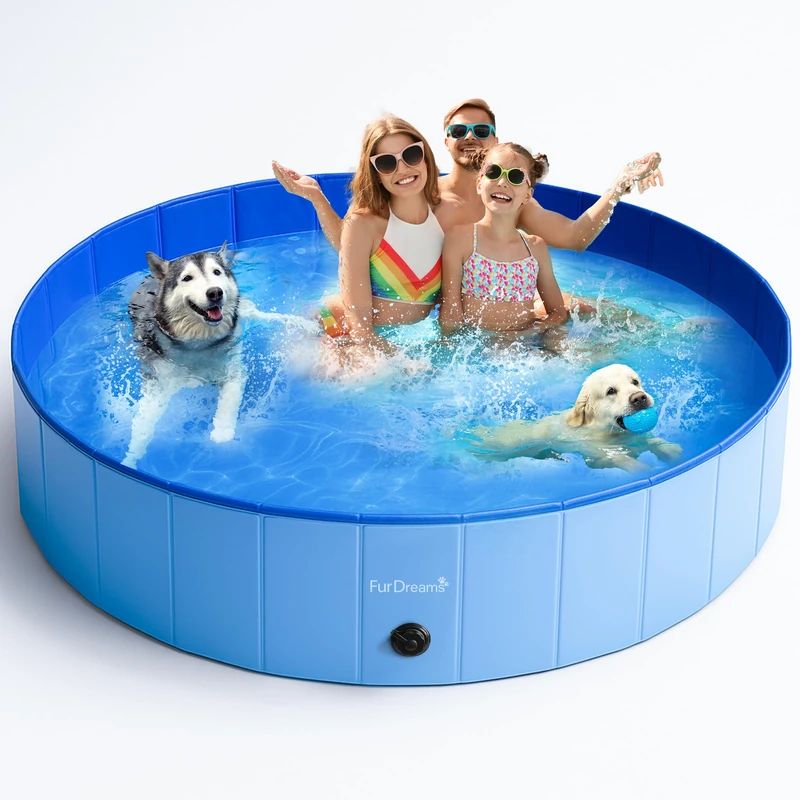 FurDreams Foldable Dog Swimming Pool - Heavy Duty PVC Pet Bath Tub with Non-Slip Base & Drain, Portable Outdoor Kiddie Pool for Dogs, Cats & Kids, Durable, Easy Setup Garden Pool (Extra Large) - Image 1